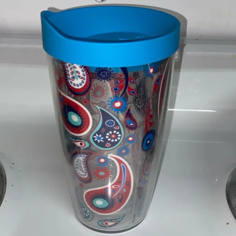 Patterned Travel Tumbler with Blue Lid 16 oz,